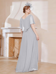 Robe Plissée en Mousseline à Col en V avec Manches Flottantes Argent Grande Taille