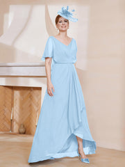 Robe Plissée en Mousseline à Col en V avec Manches Flottantes Bleu Ciel