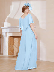 Robe Plissée en Mousseline à Col en V avec Manches Flottantes Bleu Ciel Grande Taille
