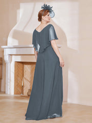 Robe Plissée en Mousseline à Col en V avec Manches Flottantes Bleu de Schiste Grande Taille