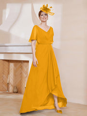 Robe Plissée en Mousseline à Col en V avec Manches Flottantes Mandarine