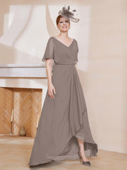 Robe Plissée en Mousseline à Col en V avec Manches Flottantes Taupe