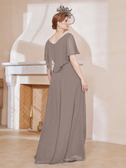 Robe Plissée en Mousseline à Col en V avec Manches Flottantes Taupe