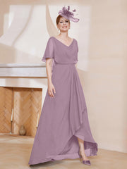 Robe Plissée en Mousseline à Col en V avec Manches Flottantes Vintage Mauve