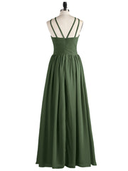 Robes avec Double Bretelle Licou Longue Mousseline Olive Verte Grande Taille