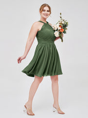 Mousseline Licou Robes Courtes De Demoiselle d'Honneur Olive Verte Grande Taille