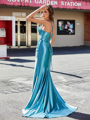 Robes de Soirée Fourreau en Satin avec Fente Teal Grande Taille