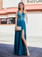 Robe de Soirée de A-ligne en Mousseline et Dentelle à Col en V Bleu Encre Grande Taille