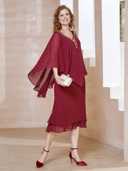 Robe Fourreau en Mousseline à Col en V Longueur de Mollet Bordeaux Grande Taille