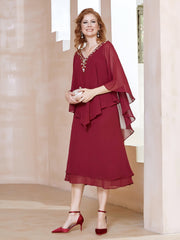 Robe Fourreau en Mousseline à Col en V Longueur de Mollet Bordeaux