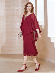 Robe Fourreau en Mousseline à Col en V Longueur de Mollet Bordeaux Grande Taille