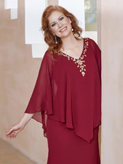 Robe Fourreau en Mousseline à Col en V Longueur de Mollet Bordeaux Grande Taille