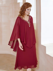 Robe Fourreau en Mousseline à Col en V Longueur de Mollet Bordeaux Grande Taille