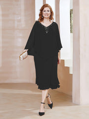 Robe Fourreau en Mousseline à Col en V Longueur de Mollet Noir
