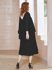Robe Fourreau en Mousseline à Col en v Longueur de Mollet Noir Grande Taille