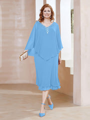 Robe Fourreau en Mousseline à Col en V Longueur de Mollet Bleu