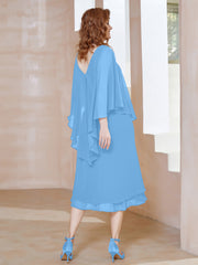 Robe Fourreau en Mousseline à Col en V Longueur de Mollet Bleu