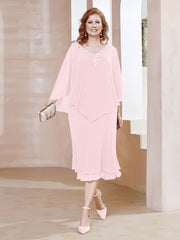 Robe Fourreau en Mousseline à Col en v Longueur de Mollet Rose Pâle Grande Taille