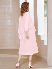 Robe Fourreau en Mousseline à Col en V Longueur de Mollet Rose Pâle