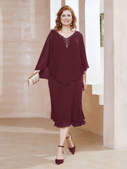 Robe Fourreau en Mousseline à Col en v Longueur de Mollet Cabernet Grande Taille