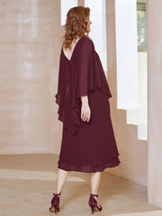 Robe Fourreau en Mousseline à Col en V Longueur de Mollet Cabernet