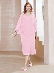 Robe Fourreau en Mousseline à Col en v Longueur de Mollet Rose Bonbon Grande Taille