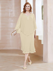 Robe Fourreau en Mousseline à Col en V Longueur de Mollet Champagne