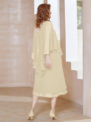 Robe Fourreau en Mousseline à Col en v Longueur de Mollet Champagne Grande Taille