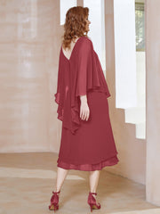 Robe Fourreau en Mousseline à Col en V Longueur de Mollet Cannelle Rose