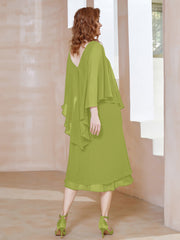 Robe Fourreau en Mousseline à Col en v Longueur de Mollet Trèfle Grande Taille