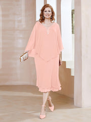 Robe Fourreau en Mousseline à Col en v Longueur de Mollet Corail Grande Taille
