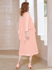 Robe Fourreau en Mousseline à Col en v Longueur de Mollet Corail Grande Taille