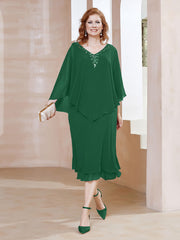 Robe Fourreau en Mousseline à Col en v Longueur de Mollet Vert Foncé Grande Taille
