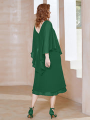 Robe Fourreau en Mousseline à Col en v Longueur de Mollet Vert Foncé Grande Taille