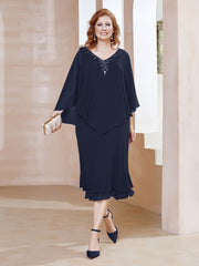 Robe Fourreau en Mousseline à Col en v Longueur de Mollet Bleu Marine Grande Taille