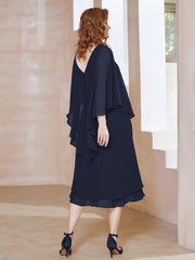 Robe Fourreau en Mousseline à Col en v Longueur de Mollet Bleu Marine Grande Taille