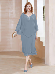 Robe Fourreau en Mousseline à Col en v Longueur de Mollet Bleu Poudré Grande Taille