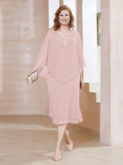 Robe Fourreau en Mousseline à Col en v Longueur de Mollet Rose Poudré Grande Taille