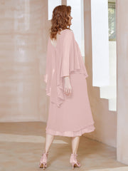 Robe Fourreau en Mousseline à Col en V Longueur de Mollet Rose Poudré