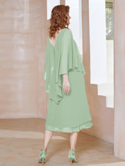 Robe Fourreau en Mousseline à Col en v Longueur de Mollet Sauge Poudrée Grande Taille