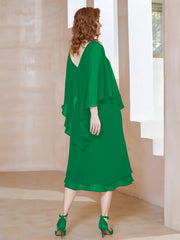 Robe Fourreau en Mousseline à Col en v Longueur de Mollet Emeraude Grande Taille