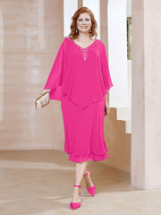 Robe Fourreau en Mousseline à Col en V Longueur de Mollet Fuchsia