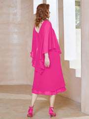 Robe Fourreau en Mousseline à Col en V Longueur de Mollet Fuchsia