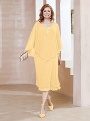 Robe Fourreau en Mousseline à Col en V Longueur de Mollet Or