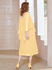 Robe Fourreau en Mousseline à Col en v Longueur de Mollet Or Grande Taille