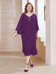 Robe Fourreau en Mousseline à Col en v Longueur de Mollet Raisin Grande Taille