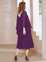 Robe Fourreau en Mousseline à Col en V Longueur de Mollet Raisin
