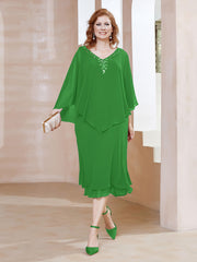 Robe Fourreau en Mousseline à Col en v Longueur de Mollet Vert Grande Taille