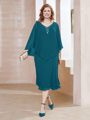 Robe Fourreau en Mousseline à Col en v Longueur de Mollet Bleu Encre Grande Taille