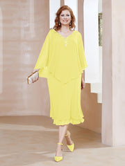 Robe Fourreau en Mousseline à Col en V Longueur de Mollet Citron
